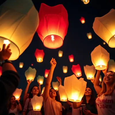 Grupo de personas lanzando globos de Cantoya en un evento
