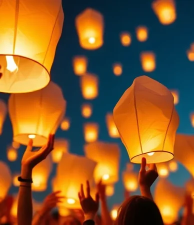 Homenaje con globos de Cantoya en un evento nocturno