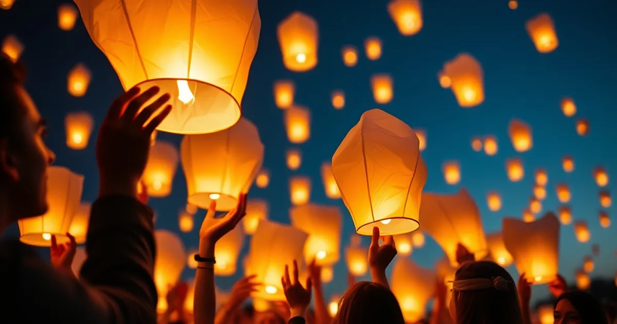 Homenaje con globos de Cantoya en un evento nocturno