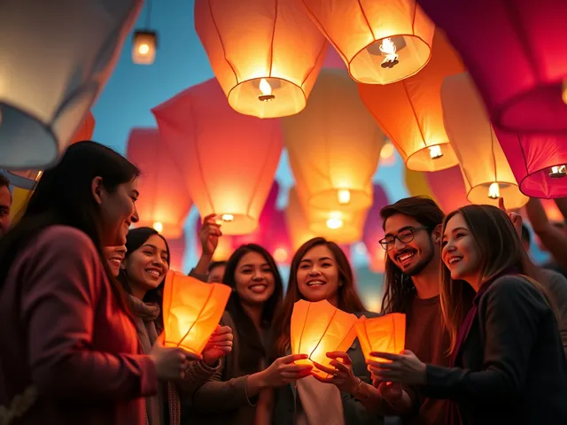 Grupo de amigos encendiendo globos de Cantoya