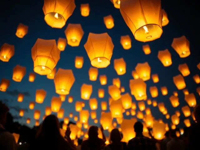 Globos de Cantoya volando en la noche