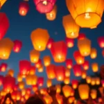 Globos de Cantoya iluminando el cielo en una fiesta de cumpleaños.