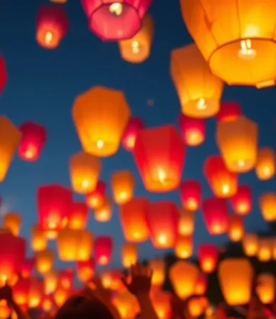 Globos de Cantoya iluminando el cielo en una fiesta de cumpleaños.