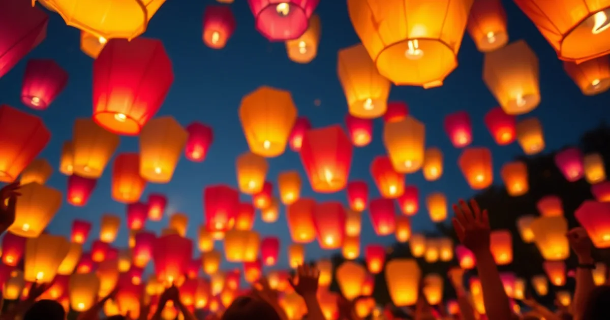Globos de Cantoya iluminando el cielo en una fiesta de cumpleaños.