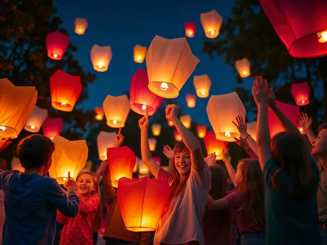 Familia lanzando globos de Cantoya en una fiesta de cumpleaños.