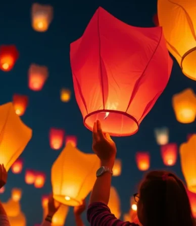 Lanzamiento de globos de Cantoya en un evento cultural