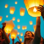 Grupo de personas lanzando globos de Cantoya ecológicos al cielo nocturno