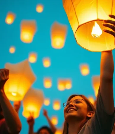 Grupo de personas lanzando globos de Cantoya ecológicos al cielo nocturno