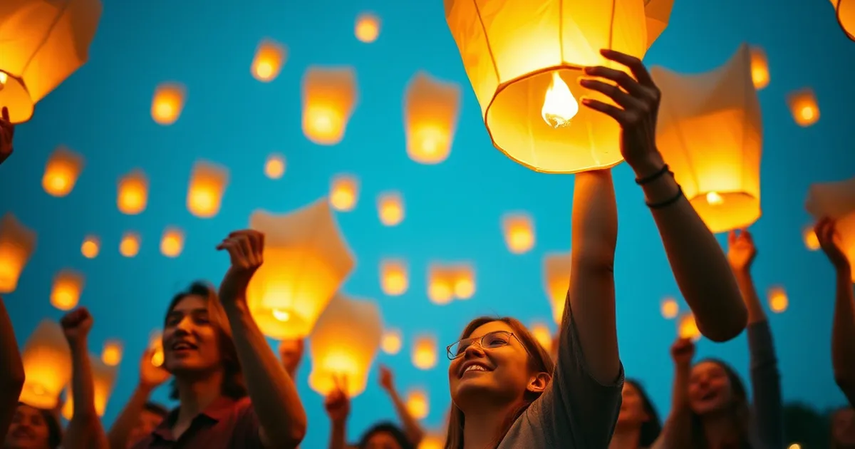 Grupo de personas lanzando globos de Cantoya ecológicos al cielo nocturno