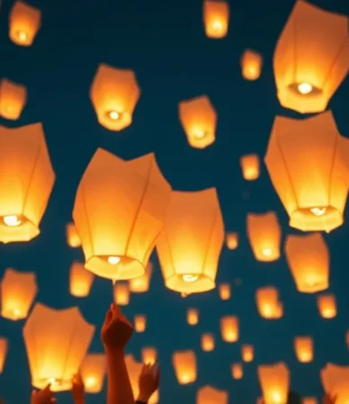 Grupo de personas lanzando globos de Cantoya en un evento corporativo.