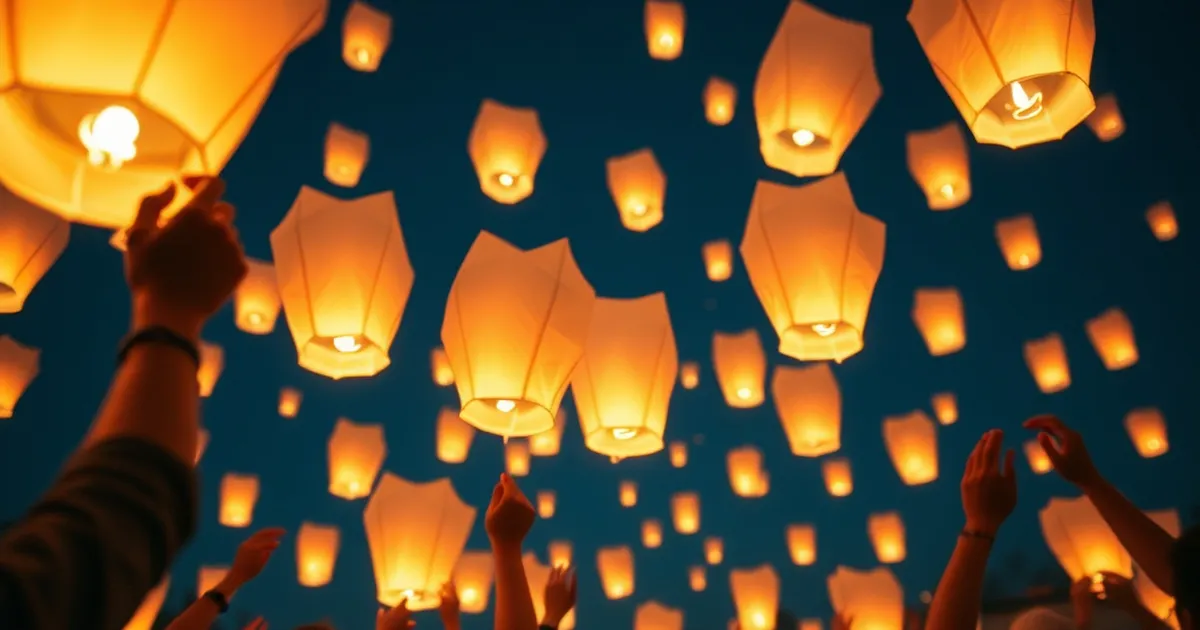 Grupo de personas lanzando globos de Cantoya en un evento corporativo.