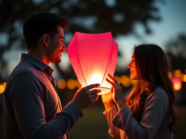 Pareja sosteniendo un globo de Cantoya rosa en una noche romántica.