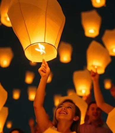 Grupo de personas lanzando globos de Cantoya en un evento ecológico