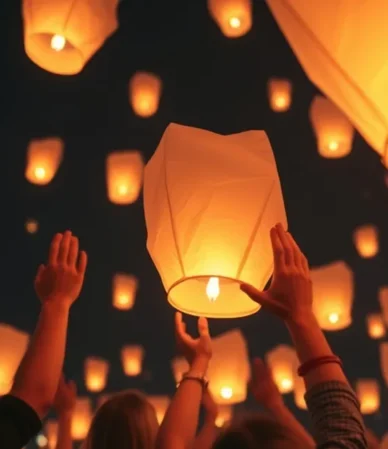 Grupo de personas lanzando globos de Cantoya en un evento corporativo