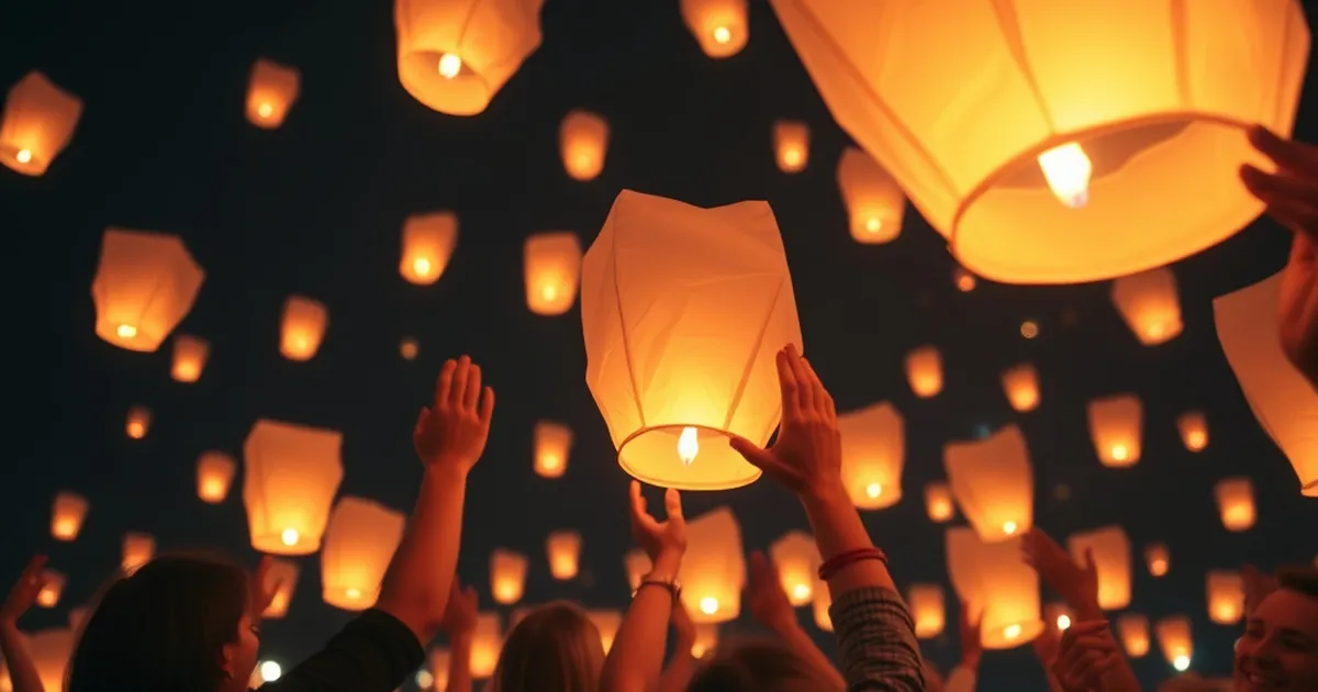 Grupo de personas lanzando globos de Cantoya en un evento corporativo