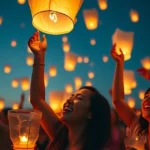 Grupo de personas lanzando globos de Cantoya en un evento corporativo