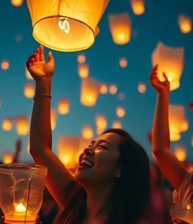 Grupo de personas lanzando globos de Cantoya en un evento corporativo