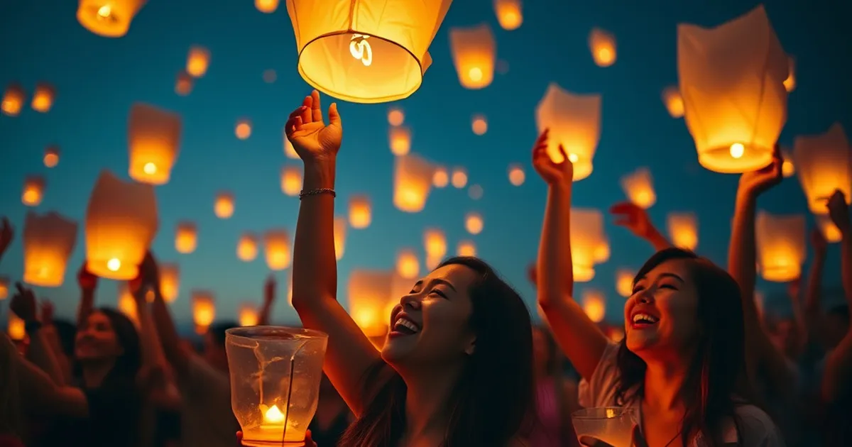 Grupo de personas lanzando globos de Cantoya en un evento corporativo