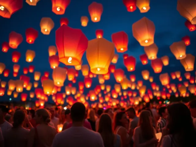 Globos de Cantoya iluminando el cielo nocturno en un evento