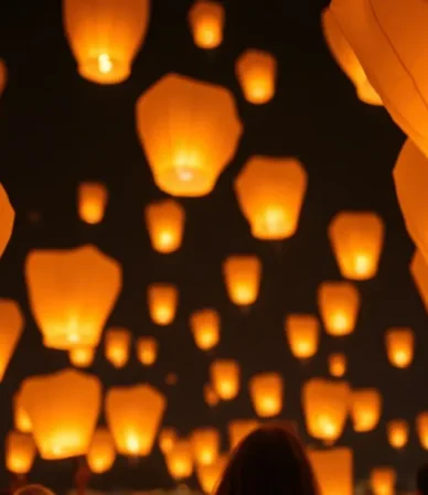 Globos de Cantoya iluminando el cielo nocturno en una celebración.