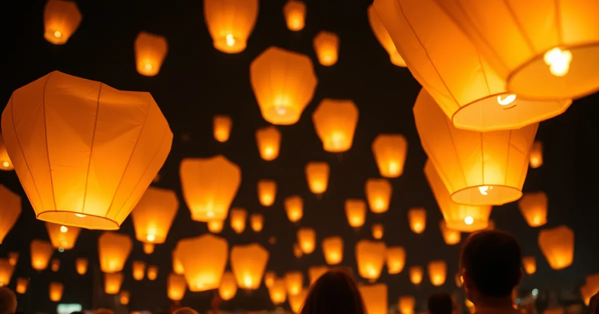 Globos de Cantoya iluminando el cielo nocturno en una celebración.