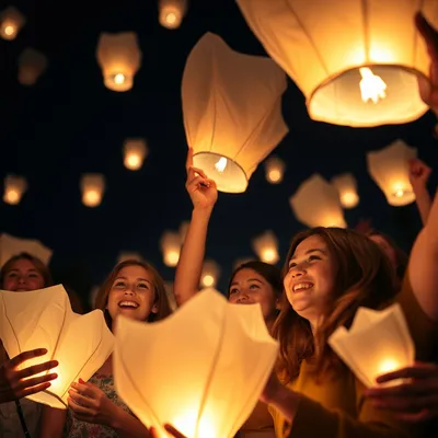 Grupo de amigos lanzando globos de Cantoya en una celebración nocturna. Grupo de amigos lanzando globos de Cantoya en una celebración nocturna.