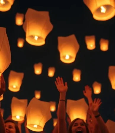 Grupo de personas lanzando globos de Cantoya al cielo nocturno.