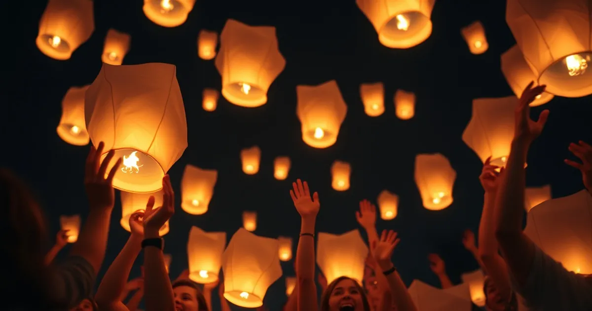 Grupo de personas lanzando globos de Cantoya al cielo nocturno.