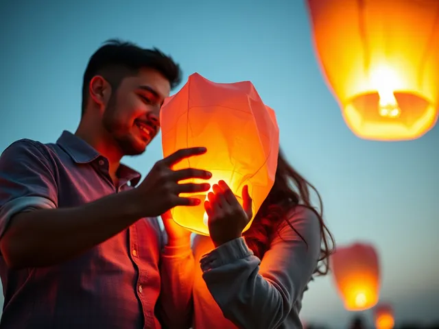 Pareja preparando el lanzamiento de un globo de Cantoya.