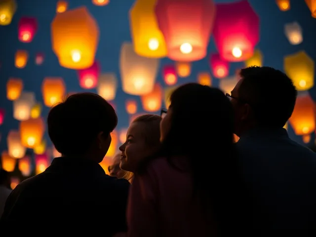Familia observando globos de Cantoya volar en el cielo.
