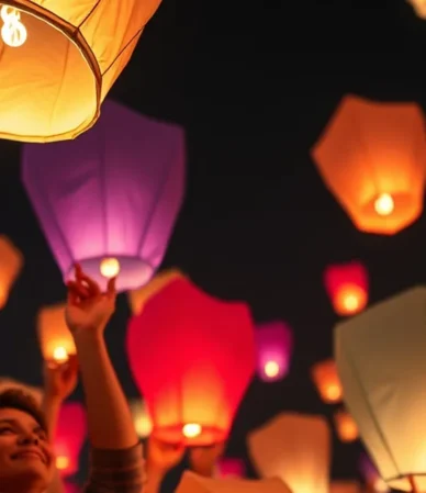 Grupo de personas lanzando globos de Cantoya en un evento corporativo