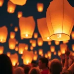 Globos de Cantoya iluminados en una celebración nocturna.