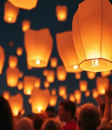 Globos de Cantoya iluminados en una celebración nocturna.