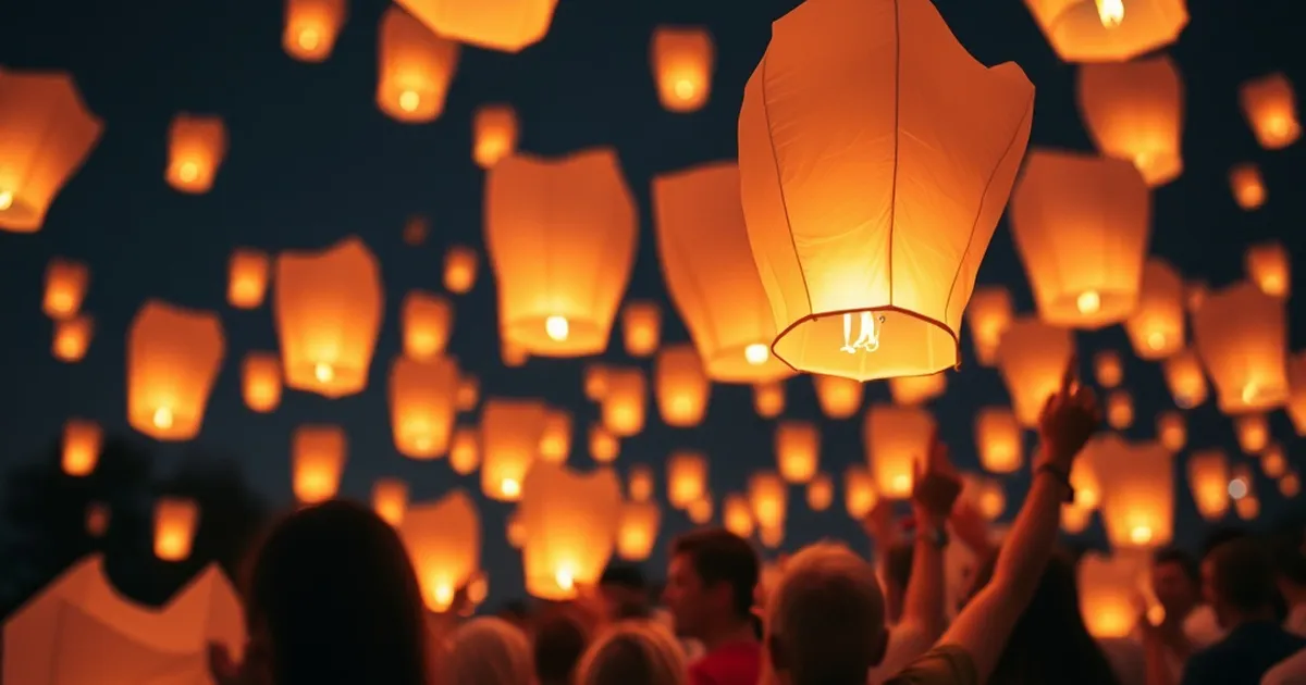 Globos de Cantoya iluminados en una celebración nocturna.