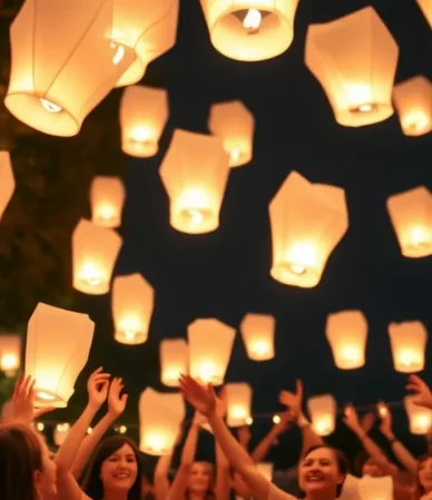 Boda con liberación de globos de Cantoya blancos en el cielo nocturno
