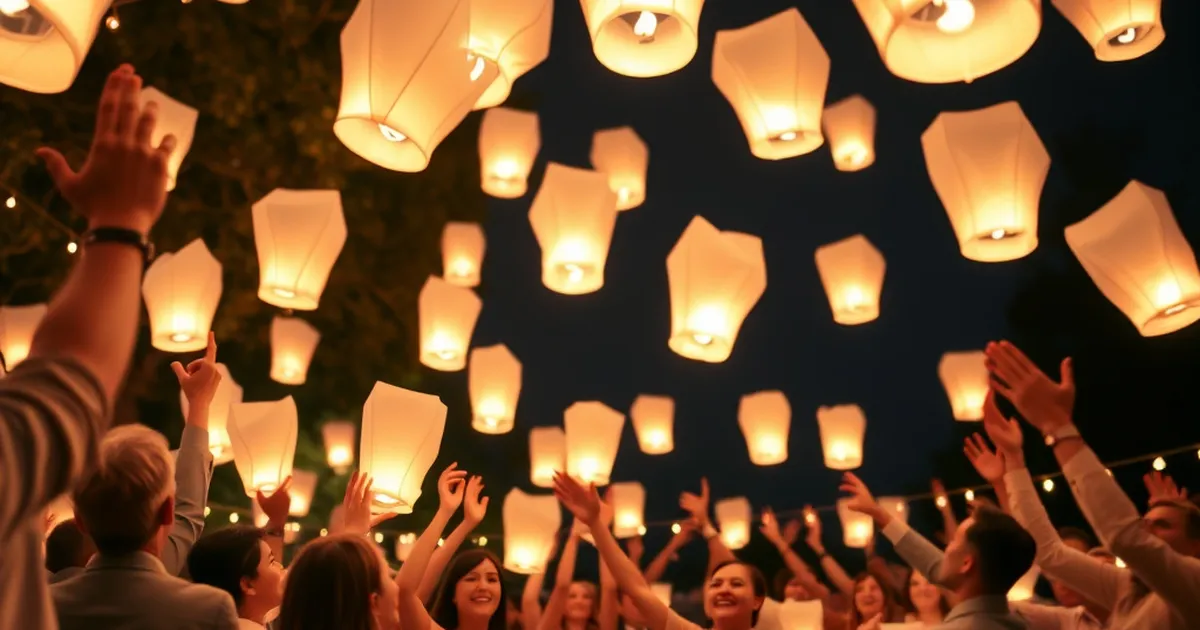 Boda con liberación de globos de Cantoya blancos en el cielo nocturno