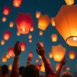 Grupo de personas lanzando globos de Cantoya en el cielo nocturno