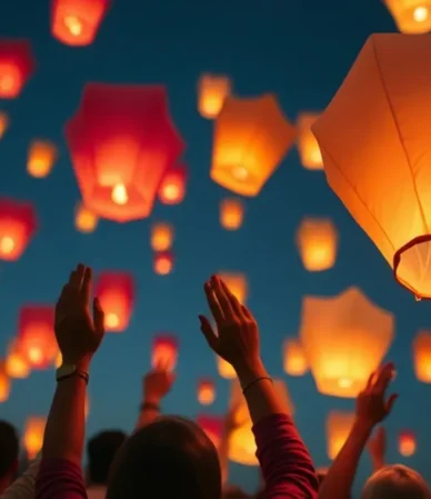 Grupo de personas lanzando globos de Cantoya en el cielo nocturno