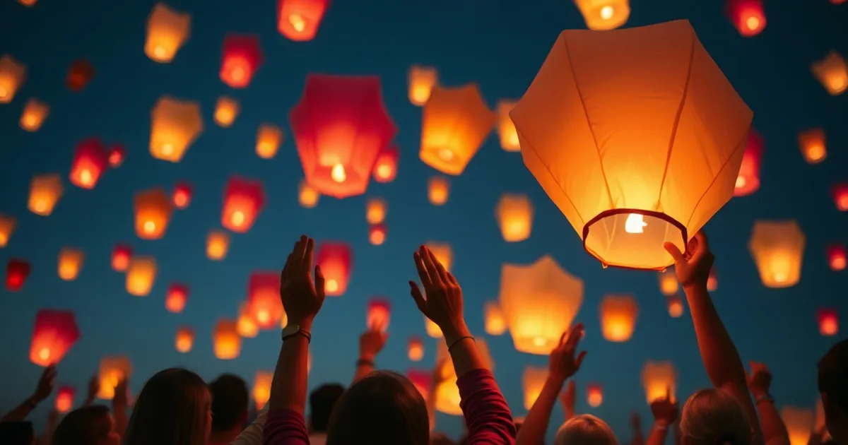 Grupo de personas lanzando globos de Cantoya en el cielo nocturno