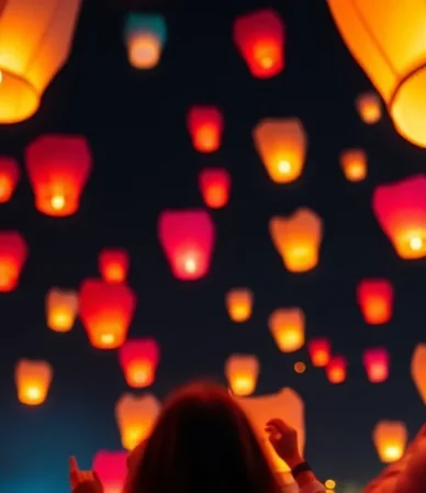 Globos de Cantoya iluminando el cielo en un evento corporativo.
