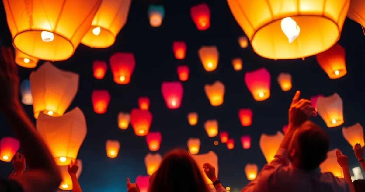 Globos de Cantoya iluminando el cielo en un evento corporativo.