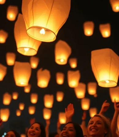 Globos de Cantoya iluminando el cielo en un evento corporativo.