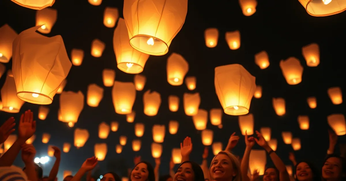 Globos de Cantoya iluminando el cielo en un evento corporativo.