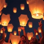 Grupo de personas lanzando globos de Cantoya en celebración