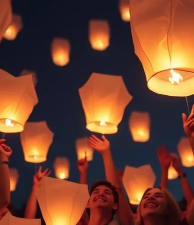 Grupo de personas lanzando globos de Cantoya en celebración