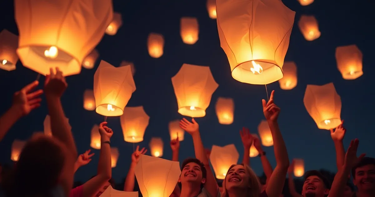 Grupo de personas lanzando globos de Cantoya en celebración