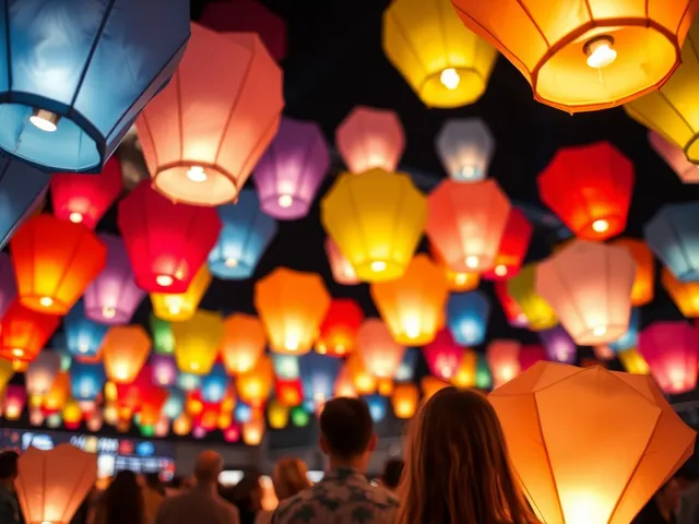 Globos de Cantoya iluminando el cielo en un evento corporativo