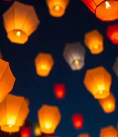 Globos de Cantoya iluminando el cielo nocturno en una celebración