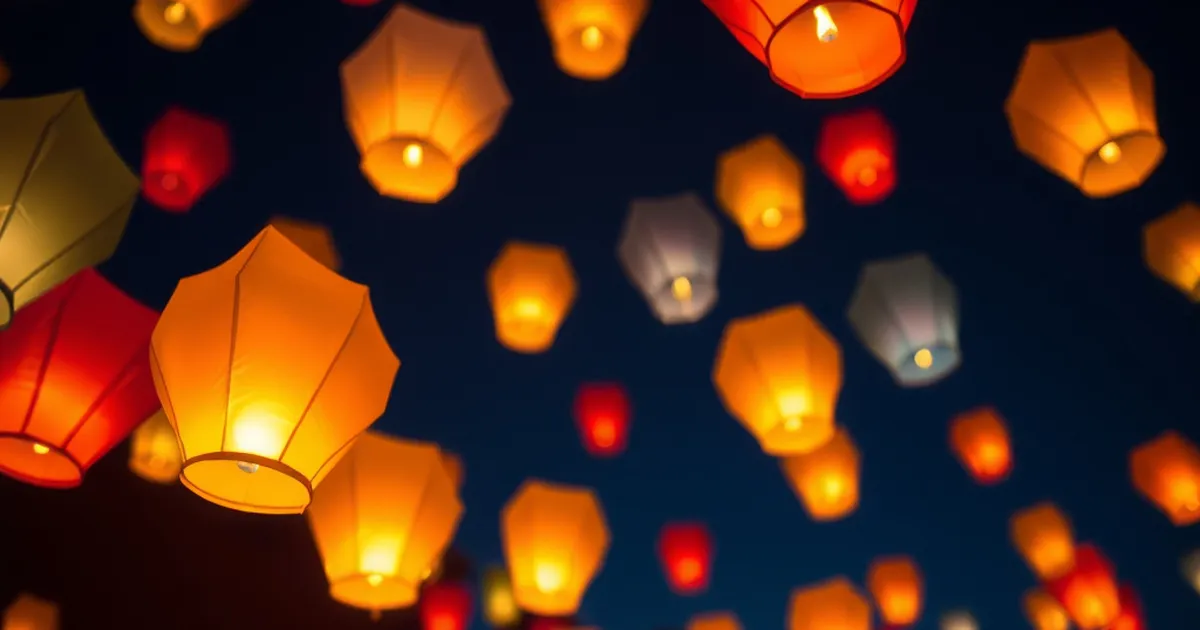 Globos de Cantoya iluminando el cielo nocturno en una celebración