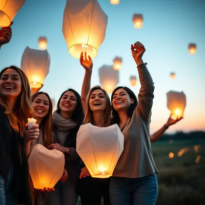 Grupo de amigos encendiendo globos de Cantoya en un campo abierto.